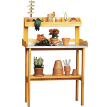 Table de jardin avec plantes, pots de fleurs et outils de jardinage