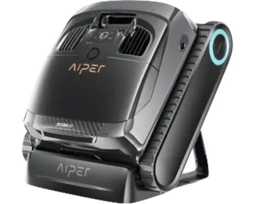 Robot de piscine Aiper Scuba X1 Pro pour piscines jusqu'à 200 m², nettoyage sans fil du fond, des parois et de la ligne d'eau, vitesse d'écoulement 25 000 l/h, durée de fonctionnement de la batterie 180 minutes Logo Aiper sur un robot de nettoyage de piscine