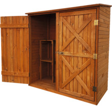 Armoire à outils en bois ouverte avec étagère