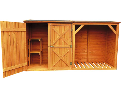 Abri en bois avec étagères et stockage de bois