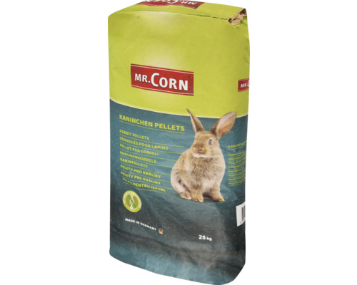 Nourriture pour lapin Mr. Corn pellets pour lapins 25 kg Sac de nourriture pour lapins avec une image de lapin et le logo Mr. Corn, 25 kilogrammes