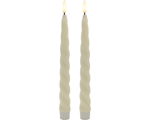 Bougies longues LED Lafiora Swirl h 24,5 cm crème minuterie 6 h 2 pièces Deux bougies LED en cire véritable avec un aspect torsadé.