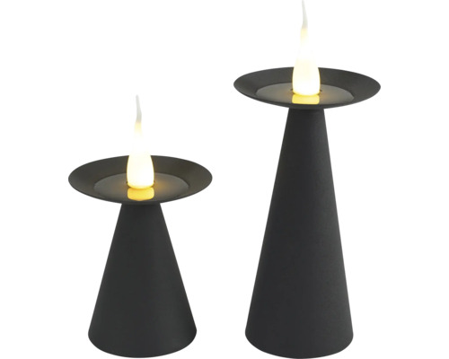 LED Kerzen 2er Set Lafiora Ø 9 cm H 16 cm & 22,5 cm grau Zwei schwarze LED-Tischleuchten in Kegelform mit flackerndem Licht