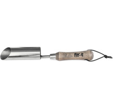 Pflanzholz aus Metall mit Holzgriff und for_q Logo