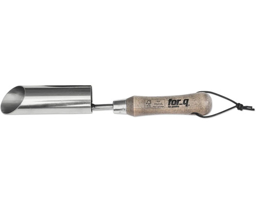 Pflanzholz aus Metall mit Holzgriff und for_q Logo