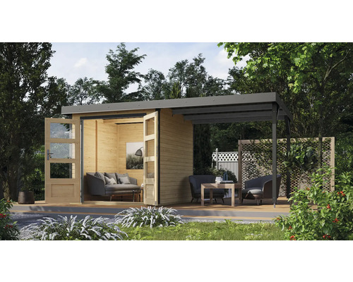 Maison de jardin moderne avec terrasse couverte, structure en bois et sièges extérieurs