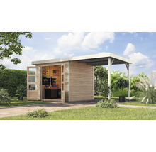 Maison de jardin en bois avec porte ouverte et auvent dans le jardin