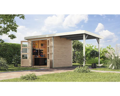 Maison de jardin en bois avec porte ouverte et auvent dans le jardin