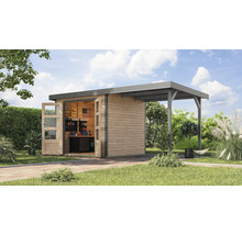 Abri de jardin en bois avec porte ouverte et abri voiture dans le jardin