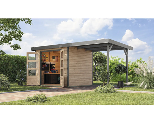 Abri de jardin en bois avec porte ouverte et abri voiture dans le jardin