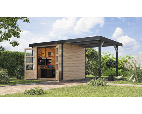 Maison de jardin en bois avec portes ouvertes et terrasse couverte dans un jardin.