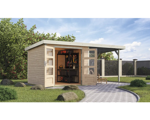 Scène de jardin avec abri de jardin et carport à l''extérieur, comprenant une étagère à outils