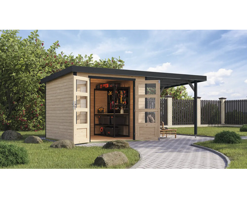 Abri de jardin en bois avec annexe et portes ouvertes, dans le jardin avec étagère à outils
