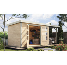 Abri de jardin avec double porte et étagères pour ranger les outils