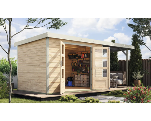 Abri de jardin avec double porte et étagères pour ranger les outils