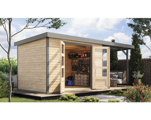 Abri de jardin en bois avec portes doubles ouvertes et espace de rangement dans le jardin