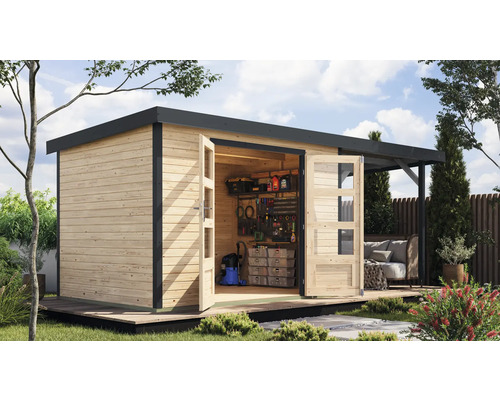 Abri de jardin moderne en bois avec portes doubles ouvertes et rangement pour outils