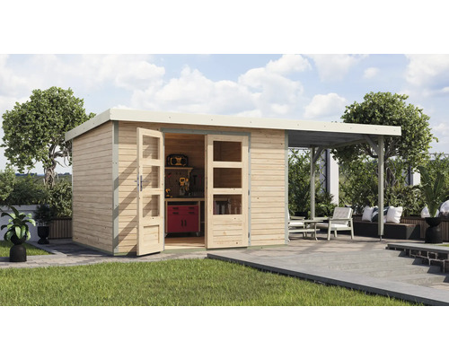 Scène de jardin avec abri de jardin en bois, établi et coin salon avec auvent.