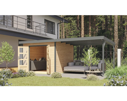 Maison de jardin en bois avec terrasse couverte et mobilier de jardin à l''extérieur