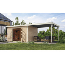 Holzgartenhaus mit Carport und geöffneten Türen, im Garten mit Rasenfläche