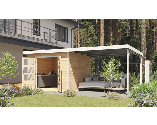 Abri de jardin Karibu Metalwood 2A tôle blanc avec extension de toit 567 x 271 cm nature Abri de jardin Karibu Metalwood 2A tôle blanc avec extension de toit 567 x 271 cm nature