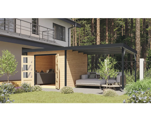 Abri de jardin Karibu Metalwood 2A tôle anthracite avec extension de toit 567 x 271 cm nature