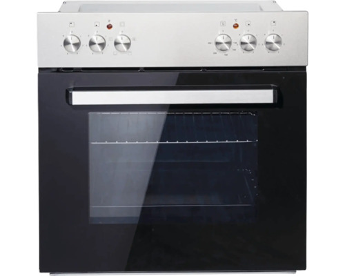 Freistehender Elektroherd mit schwarzer Ofentür und silberfarbenen Bedienelementen.