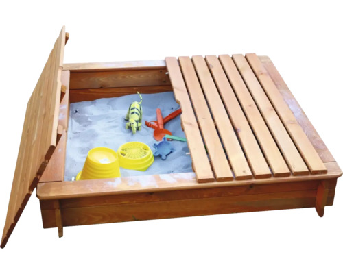 Sandkasten aus Holz mit Deckel und Spielzeug