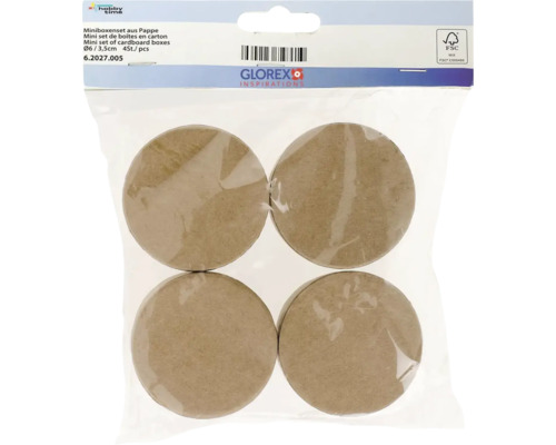 Mini-Boxen Set aus Pappe, sechs Zentimeter Durchmesser, 3,5 Zentimeter Höhe, vier Stück, verpackt