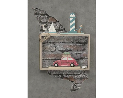 Étagère murale décorative avec des motifs de plage tels que phare, voilier et voiture