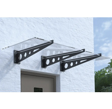 Drei Türvordächer mit transparentem Dach und schwarzer Halterung an einer Fassade