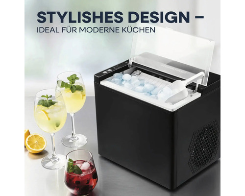 Eiswürfelmaschine mit Eiswürfeln, Eisschaufel und Getränken