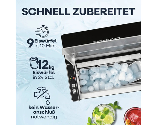 Gourmetmaxx Eiswürfelbereiter mit Hinweisen zur Zubereitungszeit und Menge