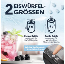Darstellung von zwei Eiswürfelgrößen mit Größenangaben und Anwendungsbeispielen sowie der Bedienung eines Eiswürfelbereiters