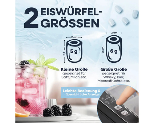 Darstellung von zwei Eiswürfelgrößen mit Größenangaben und Anwendungsbeispielen sowie der Bedienung eines Eiswürfelbereiters
