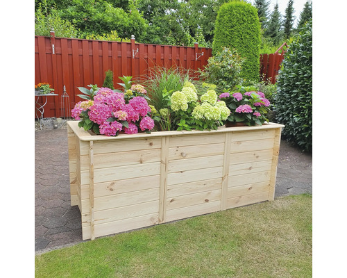 Holzpflanzkasten mit Hortensien im Garten