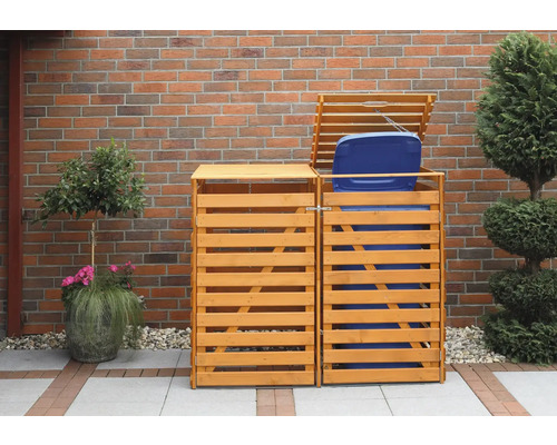 Double coffre à ordures en bois avec couvercle ouvert