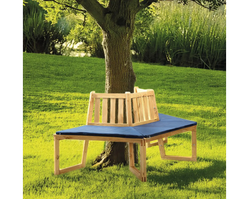 Banc de jardin en bois avec dossier et coussin autour d''un arbre