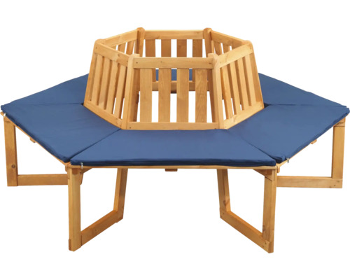 Banc d''arbre en bois avec coussins d''assise bleus