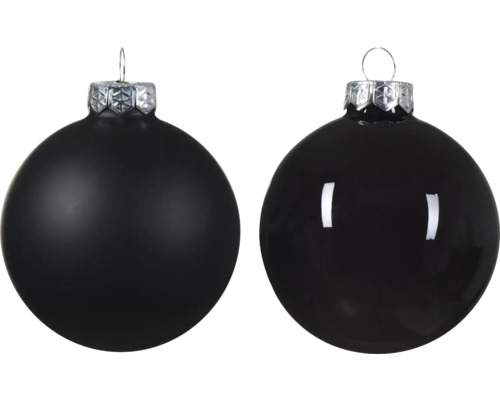 Zwei schwarze Weihnachtskugeln mit silberfarbener Aufhängung