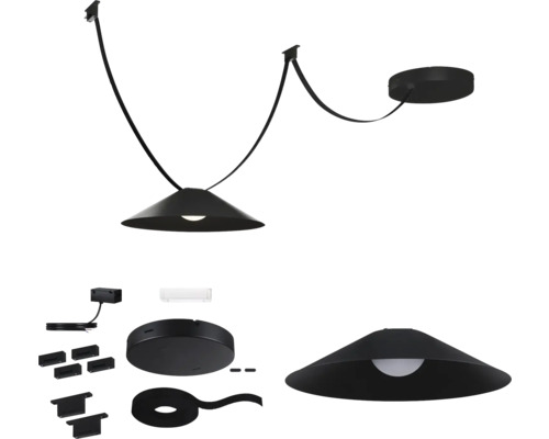Kit de démarrage ULine LED 12W 560 lm 3000 K avec suspension Cone 5 m sangle noire 230/48V DC Suspension noire avec accessoires
