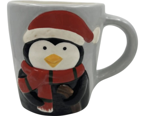 Grauer Becher mit Pinguin, Mütze und Schal