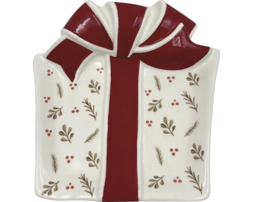 Assiette décorative Lafiora cadeau en céramique 18,3 x 17,9 x 4,7 cm rouge blanc Plat décoratif en forme de cadeau avec nœud et motif