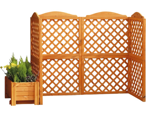 Clôture de jardin en bois avec treillis et jardinière