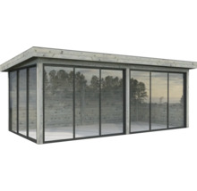 Abri de jardin moderne avec portes coulissantes en verre et bardage en bois