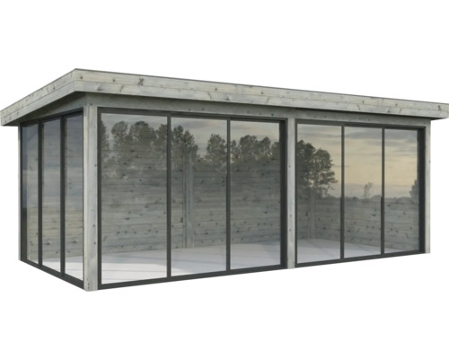 Pavillon Palmako Lenna Slide 16,6 m² Set 402 588 x 300 cm imprégné par immersion gris Abri de jardin moderne avec portes coulissantes en verre et bardage en bois