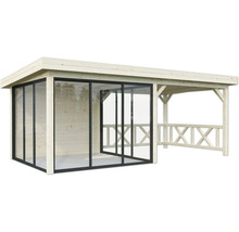 Holzpavillon mit Glasschiebetüren und seitlichem Anbau