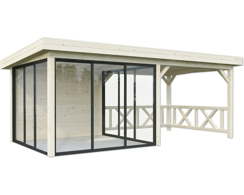 Pavillon en bois avec portes coulissantes en verre et annexe ouverte