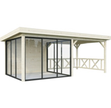 Abri de jardin en bois avec portes coulissantes en verre et terrasse couverte