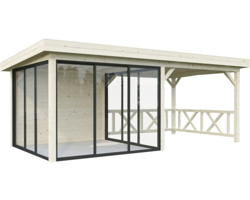 Holz Gartenhaus mit Glasschiebetüren und überdachter Terrasse